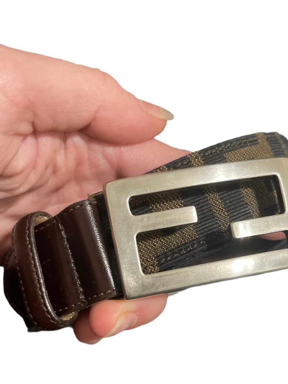 Auth FENDI ZUCCA canvas Leather Belt Silver FF Buckle 40 cm L XL Sizable